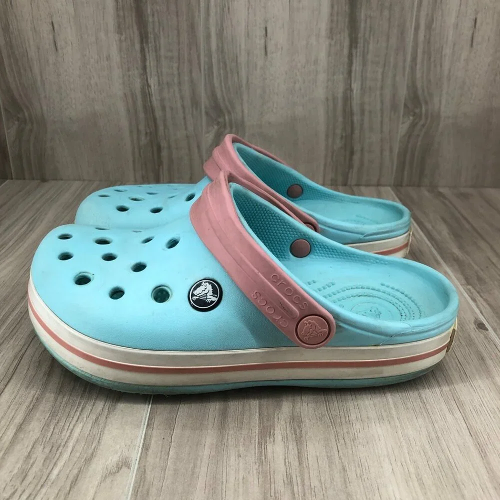 Crocs Clogs Kids 3 Crocband Light Blue Pink Slip On Rubber Shoes